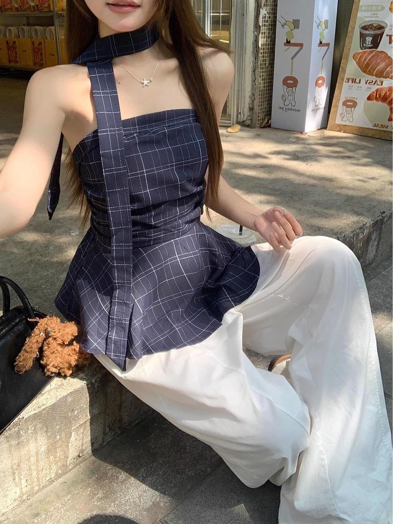 Women's Korean Style Grid Pattern Bandeau Tank Top - Slim Fit, Sleeveless Summer Fashion