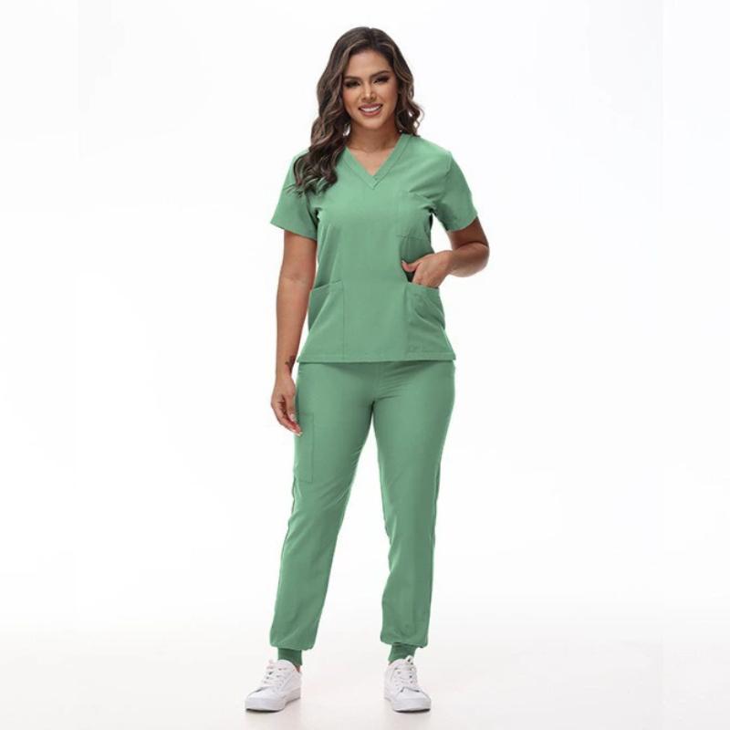 Medical Scrub Suit Healthcare Worker Scrub Top and Pants, Doctor's Work Uniform Elastic Quick-dry Short Sleeve Long Pants Nurse Outfit Set