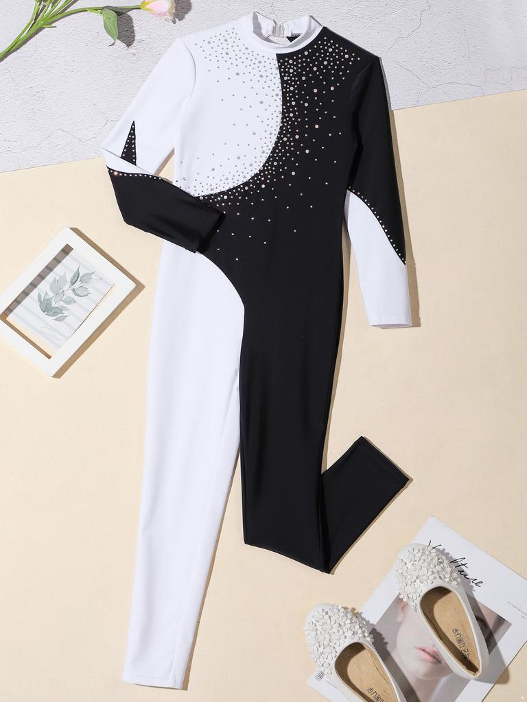 Kids Girls Gymnastics Dance Jumpsuit: Long Sleeve Round Collar Contrast Color Shiny Rhinestones Backless Performance Wear