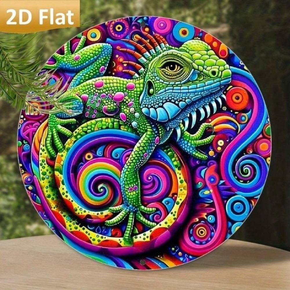 Vintage Metal Chameleon Wall Art Round Aluminum Decor for Living Room Cafe Bar Garden