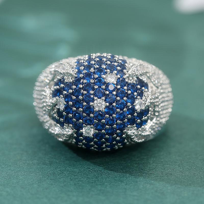 Luxurious Blue Shiny Synthetic Zirconia Rings Women's Fashion Versatile Daily Party Jewelry Accessory CopperPlated Ring