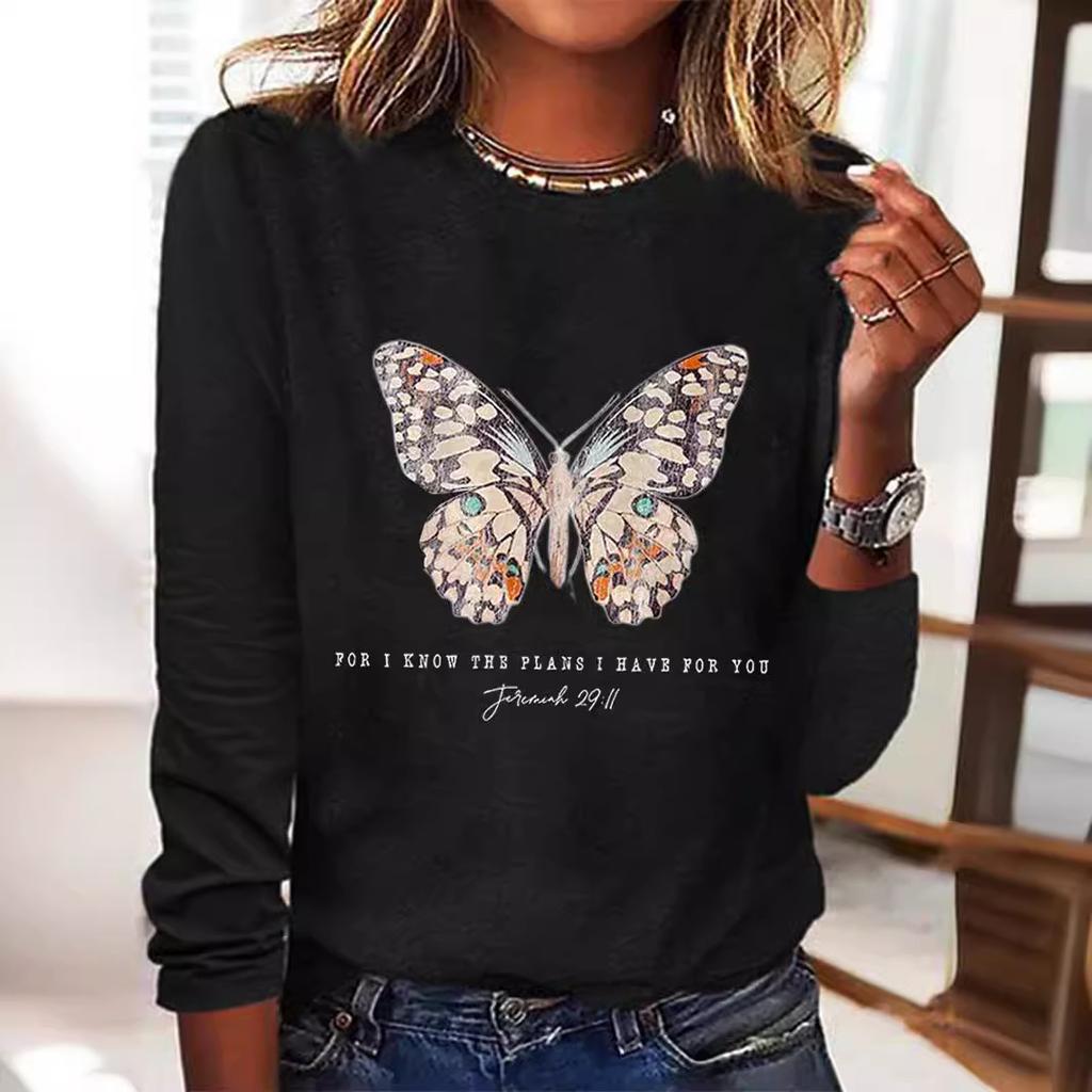 Round Neck 3D Printed Butterfly Pattern Top Fashionable Casual Long Sleeved Women's T-shirts