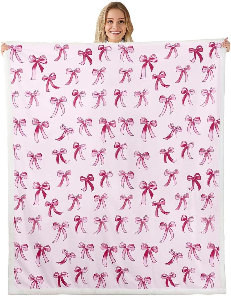 Blue Bow Pattern Blanket Soft Fleece Throw Elegant Home Decor Gift for Women Girls Bedroom Bedding Cover