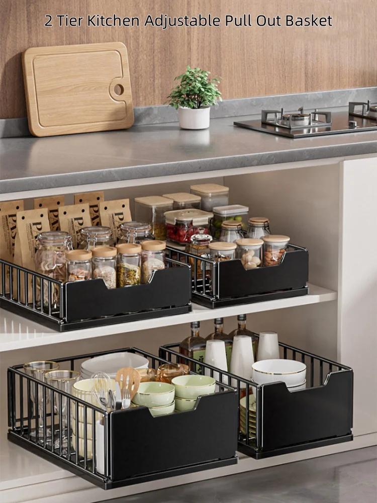 Kitchen Cabinet Pull-out Storage Baskets Organizer Adjustable Under Sink Spice Jar Holder Slide Out Drawer Bathroom Accessories
