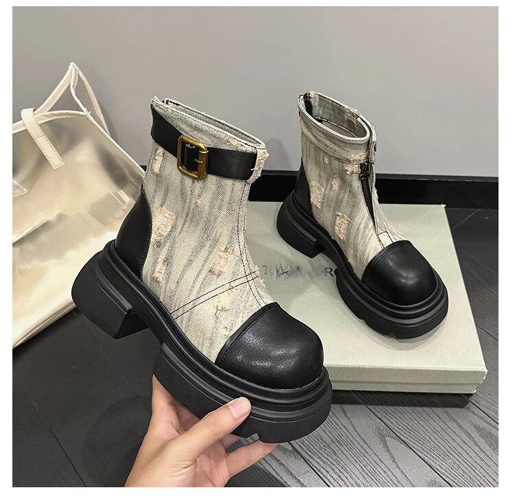 

Fujin/Новые джинсовые ботильоны до середины икры из натуральной кожи 6 см, ботинки на платформе, осень-весна, женская мотоциклетная обувь на толстом каблуке 40 серый