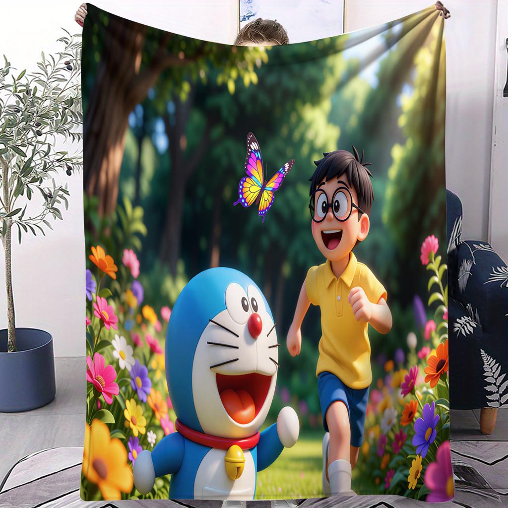 Doraemon Japanese Anime Small Cover Blanket Plush Cozy Sofa Throw Blanket Novelty Warm All Season Blanket For Dorm Bedroom Gift