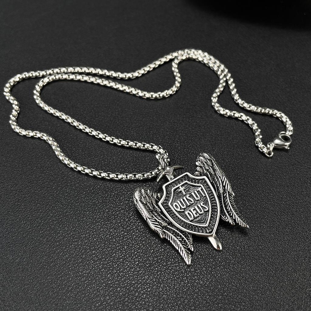 Opk Jewelry Vintage Titanium Steel Michael Sword Shield Pendant Angel Wings Cross Necklace
