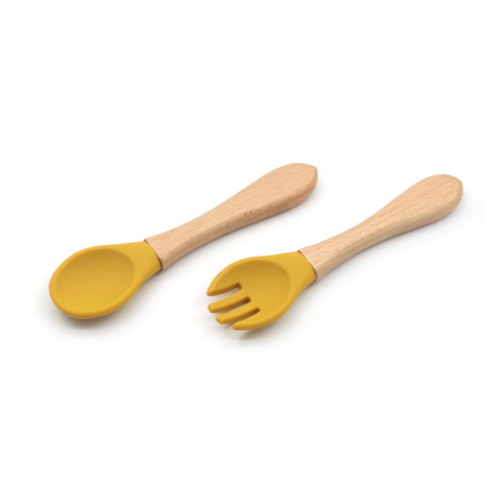 Silicone Baby & Toddler Tableware with Wooden Handle Fork & Spoon for Feeding Training