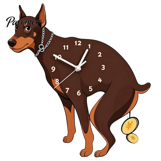 Easy Setup Wall Clock Pooping Dog Clock, Wooden with Swinging Pendulum, Silent Non Ticking Pet Lover for Living Room Home Office, Gift