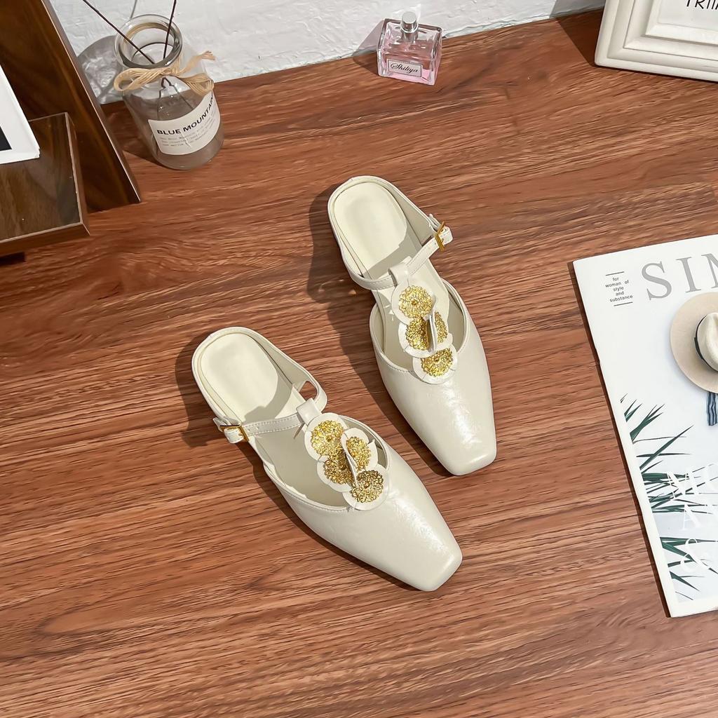 French Semi-drag Sandals Women's Rear Empty T-band French Flat-soled Muller Shoes Bag Head Fashion French Soft Leather Single Shoes Women