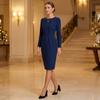 Women's Round Neck Long Sleeve Pleated Midi Dress with Slim Fit Waist for