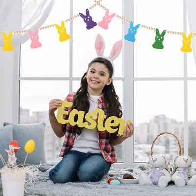 Easter Day Celebration 2pcs Easter Garland with Colorful Bunny-Shaped Charms Separated by Wooden Beads, Rabbit Beaded Banner for Spring-Themed