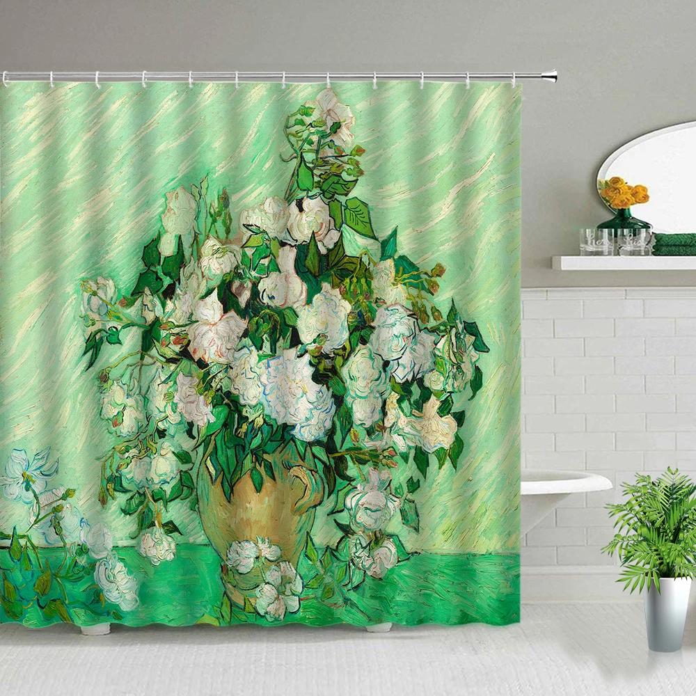 Flower And Dragonfly Scenery Shower Curtains Peacocks Sailboat Sunflower Ocean Oil Painting Landscape Waterproof Cloth Curtain