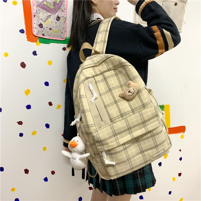 Japanese college style girl backpack Korean version Mori bear Harajuku student backpack small fresh plaid schoolbag female