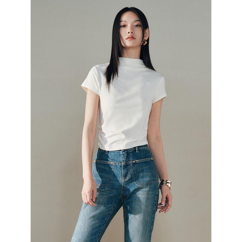 PEACEBIRD Women s Cropped Mock Neck Slim Fit T-Shirt L