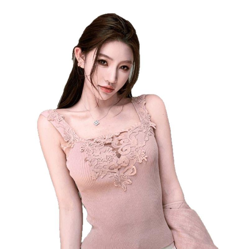 Summer new pure desire wind knitted hollow lace suspender vest female temperament slim and thin versatile top