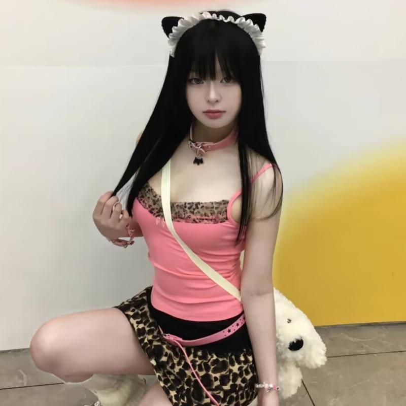 Vintage Leopard Print Stitched Crop Top Women Casual Sleeveless Cute Bow Patchwork Strap Tees Y2k Summer Crop Tops Ladies
