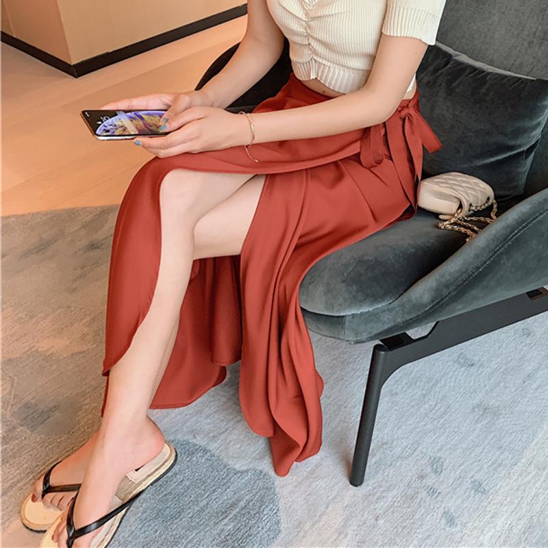 Summer Elegant Stain Women A-Line Long Skirts Side Split High Waist Fashionable Umbrella Beach Female Skirts