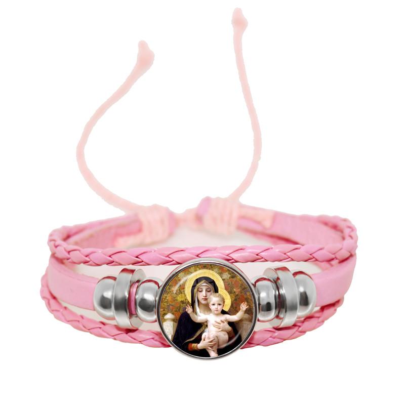 Virgin Mary Baby Jesus Christian Catholicism Jewelry Black Button Leather Bracelet Blessed Mother Religious Glass Cabochon Gift