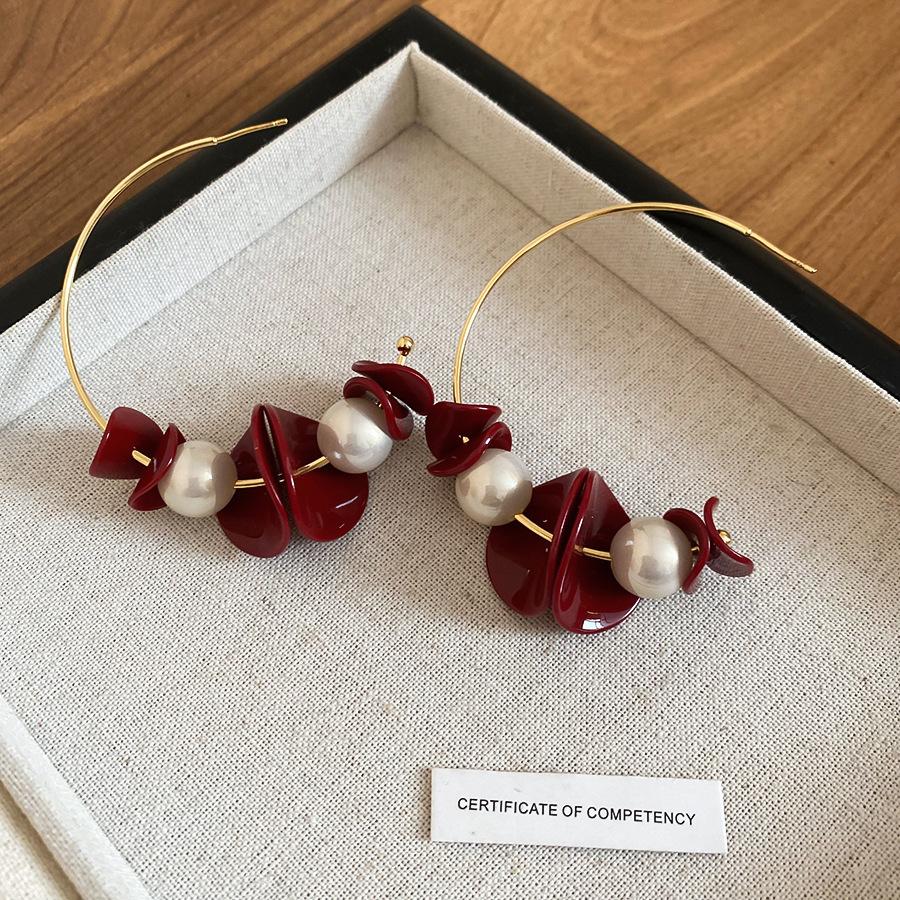 Retro Hong Kong Style Red Flocking Geometric Round Earrings Earrings Fashion Personality Temperament Earrings Women