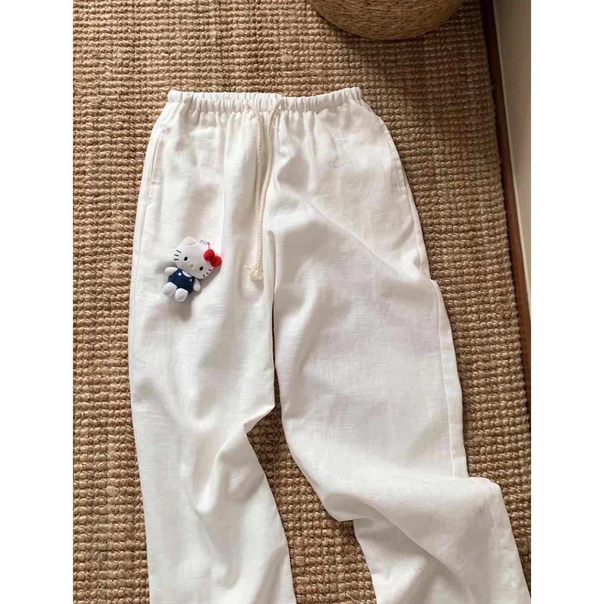 Women s Popular Style: Loose Wide-Leg White Linen Pants for Spring and Summer M