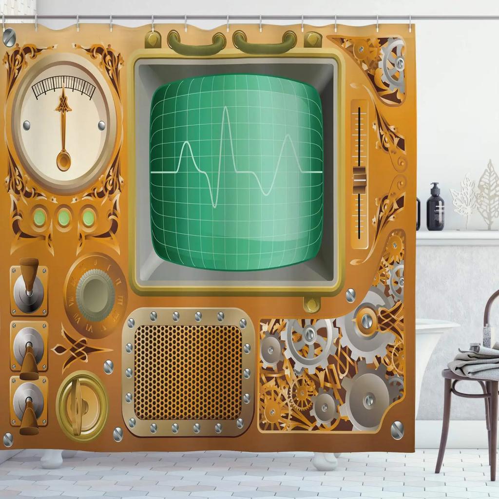 Průmyslový sprchový závěs, Steampunkový styl Antická mosazná kulatá upevňovací spona, Látkový koupelnový dekorační set s háčky