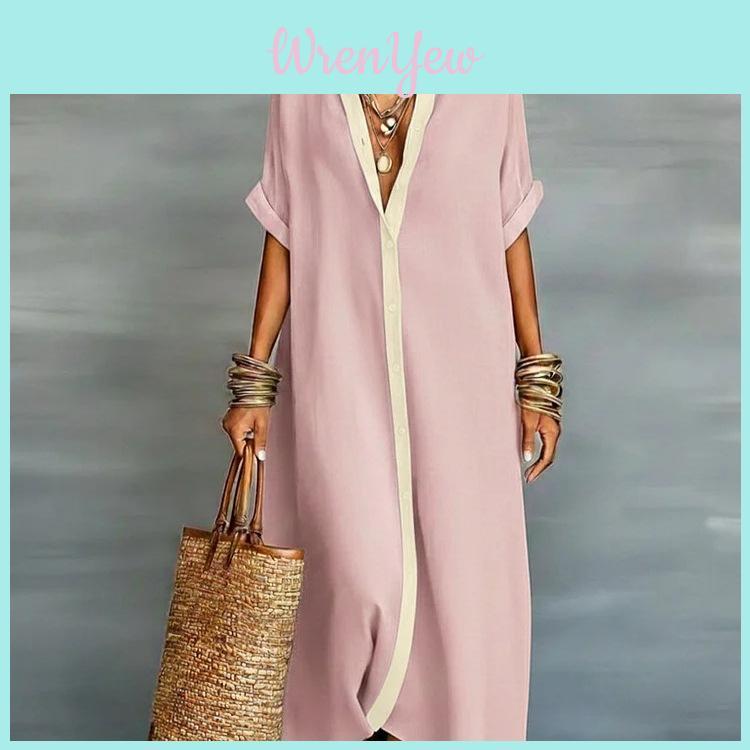 Spring Female Collared Cotton Linen Dress With Zipper For Travel And Office