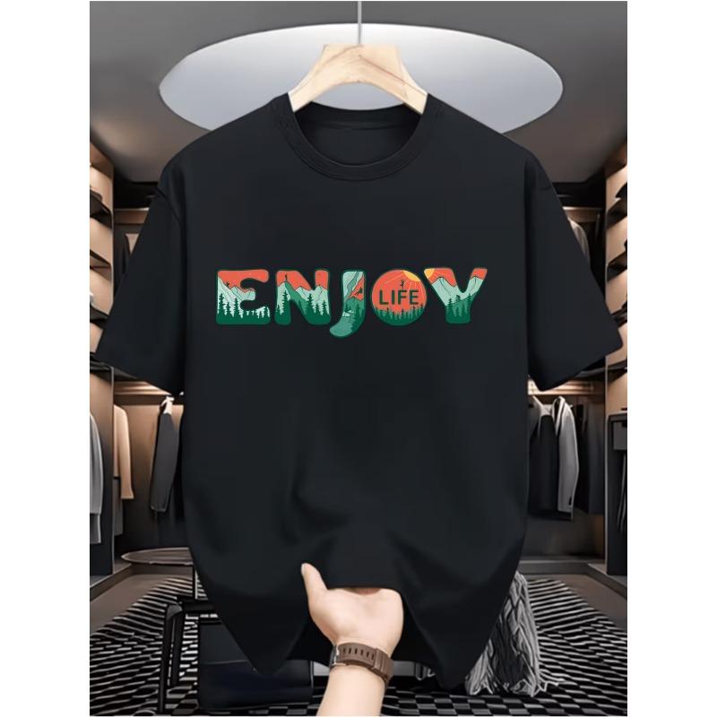 Europäische Größe Herren T-Shirt mit 'Enjoy Life'-Muster - Retro Hip-Hop Stil, Weich und Atmungsaktiv, Modisch und Vielseitig, Lebendiges Printdesign, Rundhals