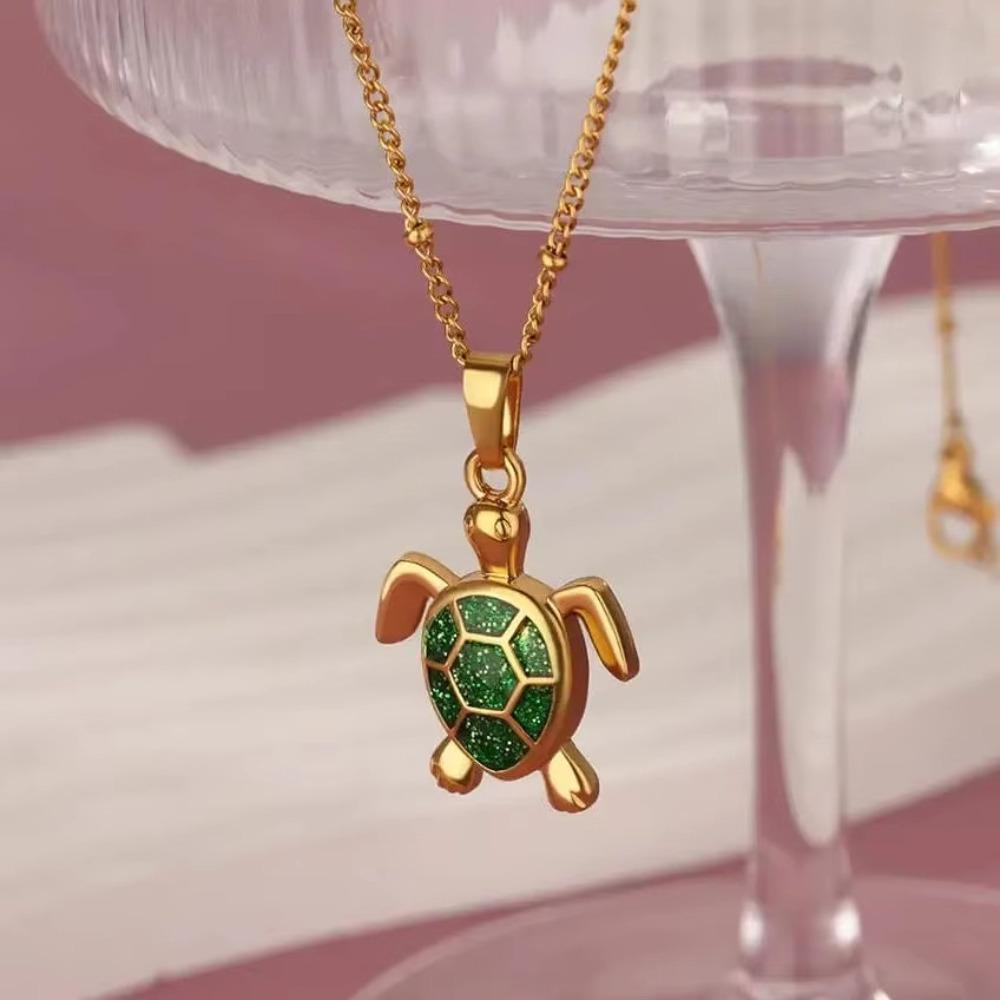 Exquisite Trend Gold Color Stainless Steel Simulation Green Sea Turtle Zircon Pendant Necklace for Women Collar Chain Jewelry