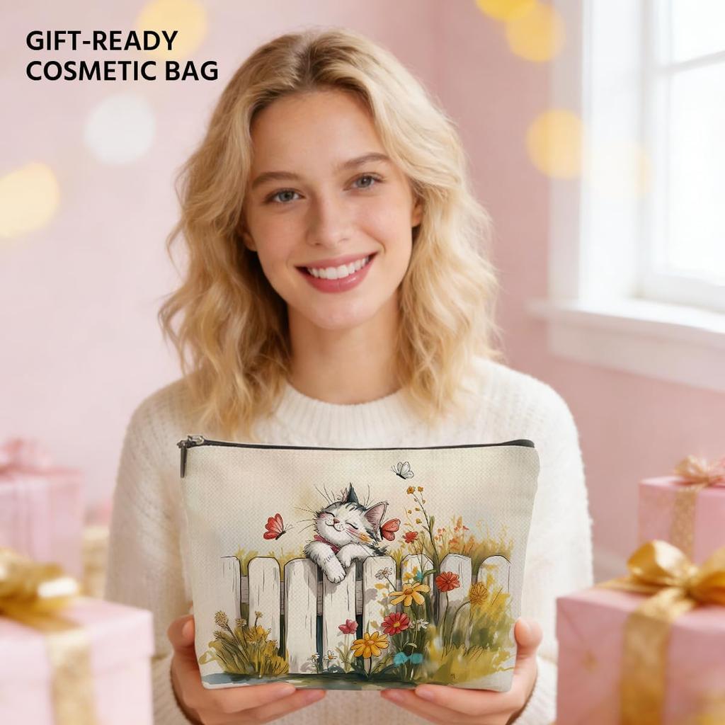 Cat Gifts for Women Bookshelf Makeup Bag Cats Floral Themed Cosmetic Bags Travel Organizer Bag Zipper Pouch Birthday Gift