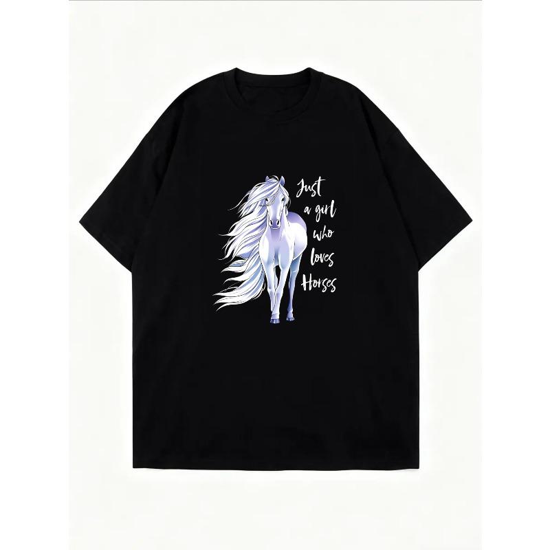 White Short Sleeve T Shirt With Purple Horse Print And Text For Casual Wear