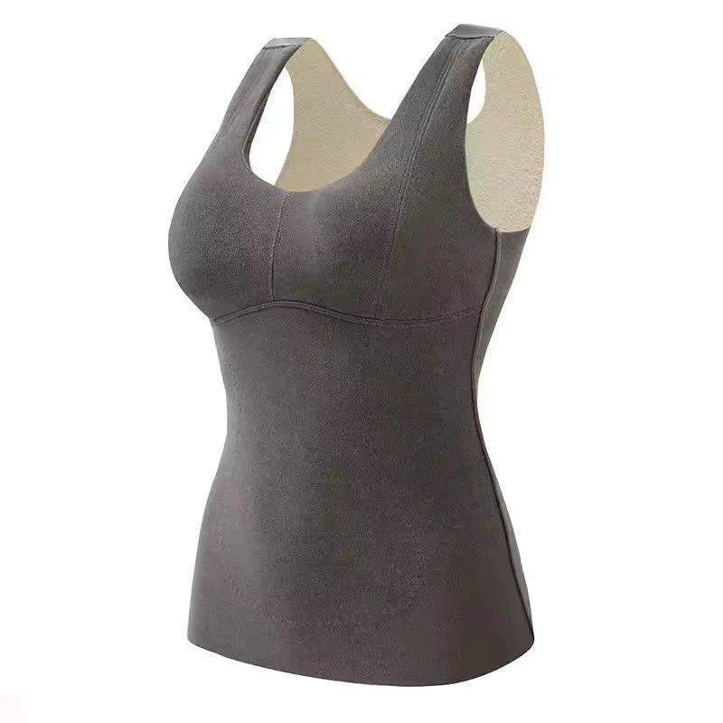 Winter Women Thermal Vest with Chest Pads Seamless Velvet Fast Temperature Lock Heating V Neck Slim Fit Elastic Sleeveless Inner Wear Bottoming Tank