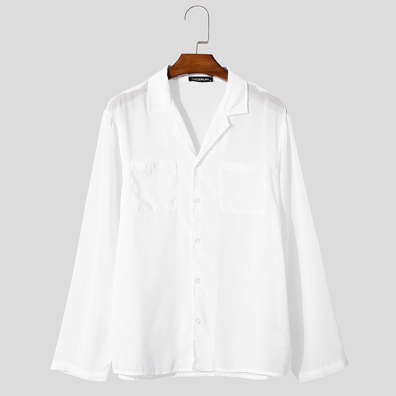 

INCERUN Мужская сетчатая прозрачная рубашка с длинным рукавом и лацканами, повседневные топы для вечеринок 5XL белый