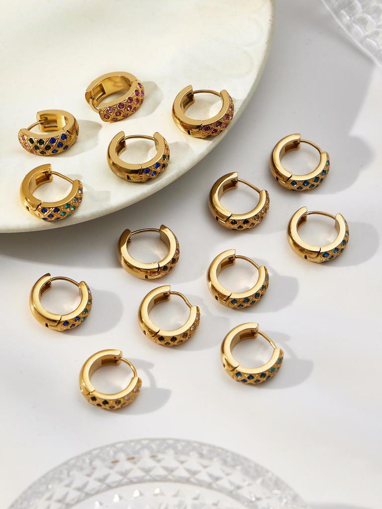 18k Gold-Plated Stainless Steel Plaid Zircon Earrings