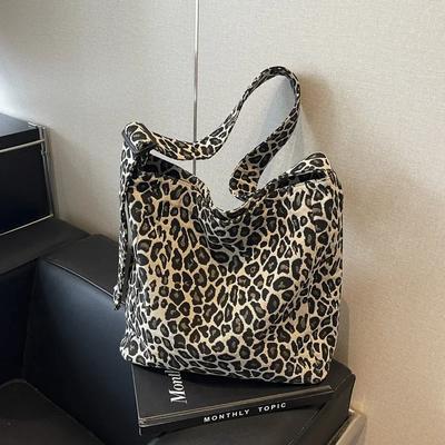 Canvas Leopard Print Zipper Crossbody Bag High Quality Large Capacity Simple Casual Shoulder Bag Soft Versatile Handbag