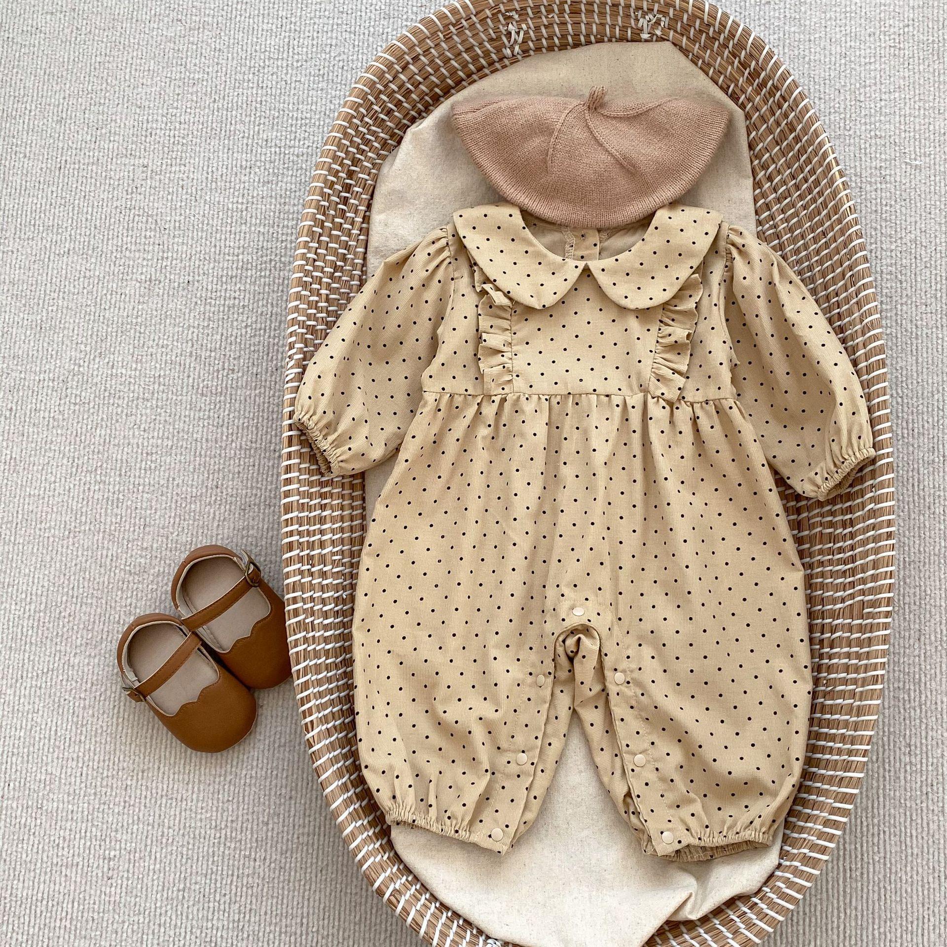 Baby Girl Corduroy Romper Autumn Polka Dot Collar Long Sleeve Jumpsuit 66 коричневый