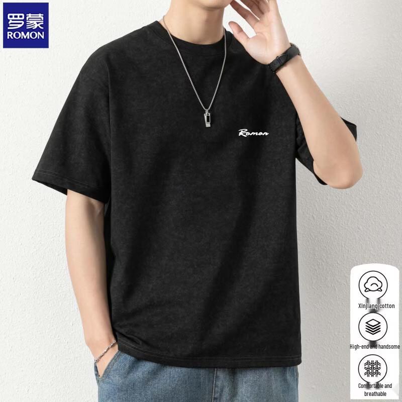 ROMON Men s Xinjiang Cotton Embroidered Short Sleeve T-Shirt 3XL