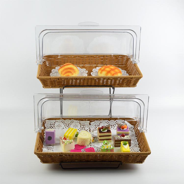 Double-Layer Bread Basket with Lid - Rattan-Style Display Tray with Flip-Top Transparent Cover
