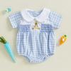 Baby Mädchen Strampler Osterkleidung Hasenstickerei Karomuster Puppenkragen Kurzarm Säuglingsbodys Jumpsuits