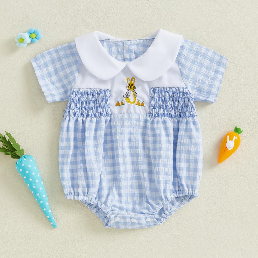 Baby Mädchen Strampler Osterkleidung Hasenstickerei Karomuster Puppenkragen Kurzarm Säuglingsbodys Jumpsuits