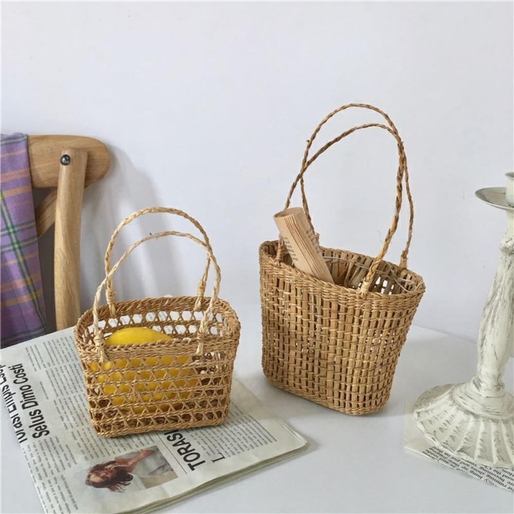 Picnic Props Straw Woven Basket with Handle Tea Cup Cover Practical Storage Basket
