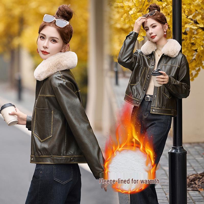 Damen Retro Winter Lederjacke mit abnehmbarem Fellkragen und Fleecefutter
