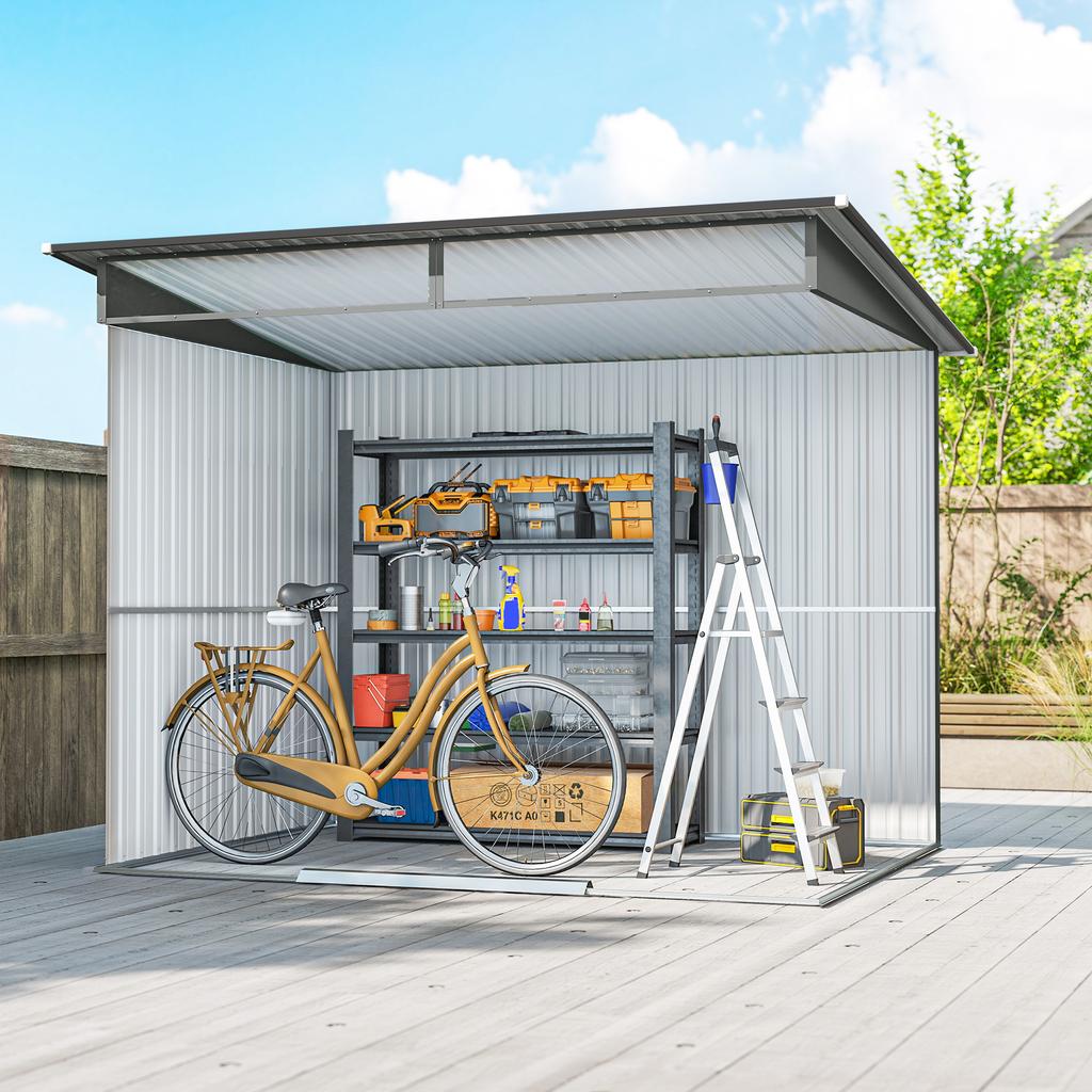 9ft X 6.5ft Garden Storage Shed with Top Window, Metal Outdoor Shed Tool House with Double Doors, Light Grey