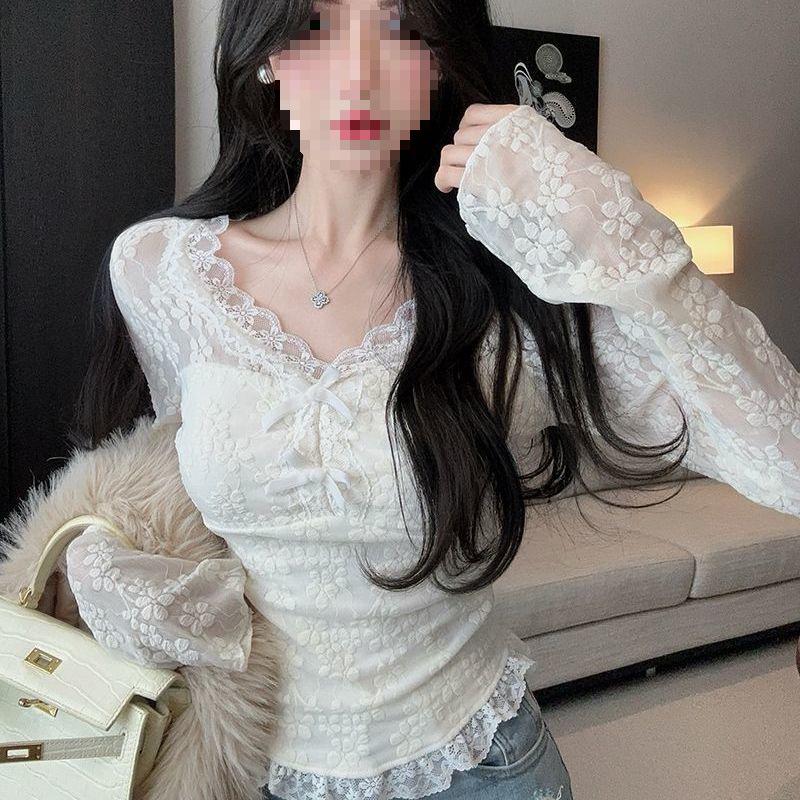 

Women s Autumn Lace Print Collar Chiffon Shirt: Casual, Slim-Fit, Slightly See-Through, Elegant Innerwear. XL