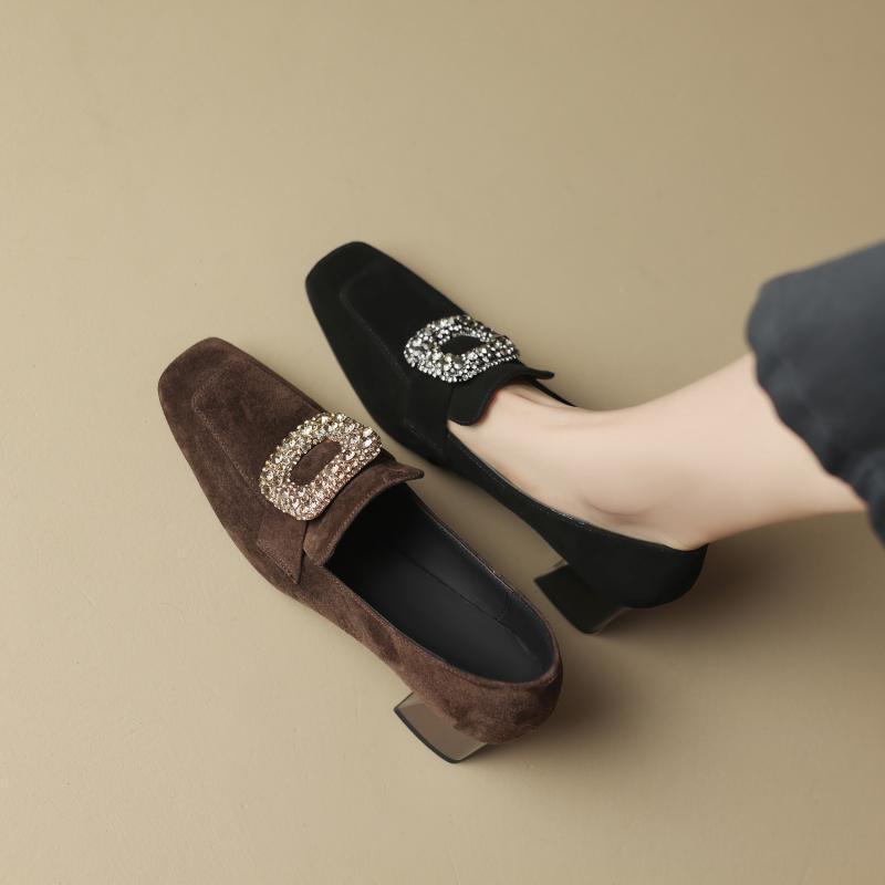Spring 2025 New Single Shoes Square Head Thick Heel Rhinestone Versatile Commute To Work Occupation Daily Foot Cover Women's Loafers