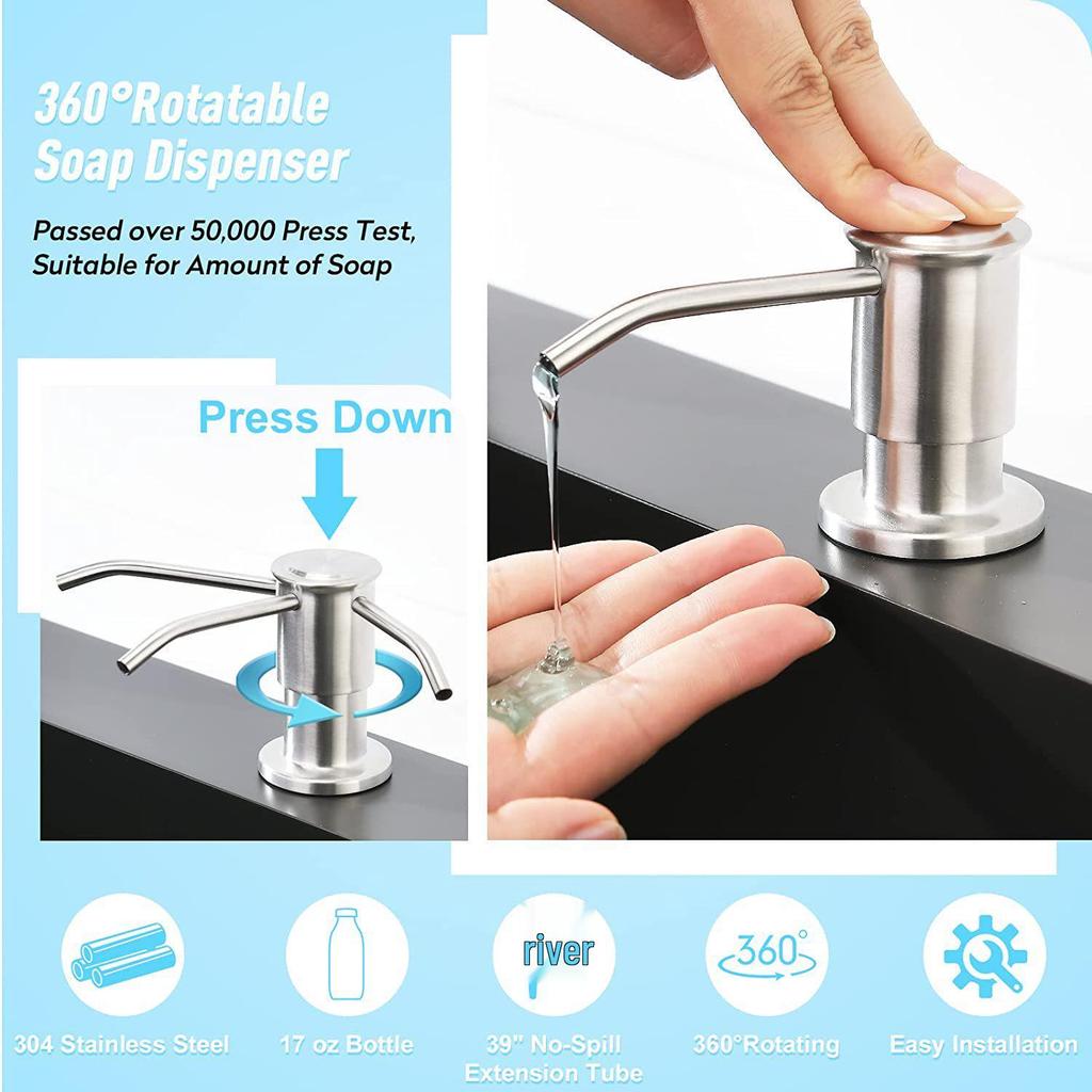 Stainless Steel 304 Kitchen Sink Soap Dispenser, 500ml Press Type with 120mm Silicone Tube