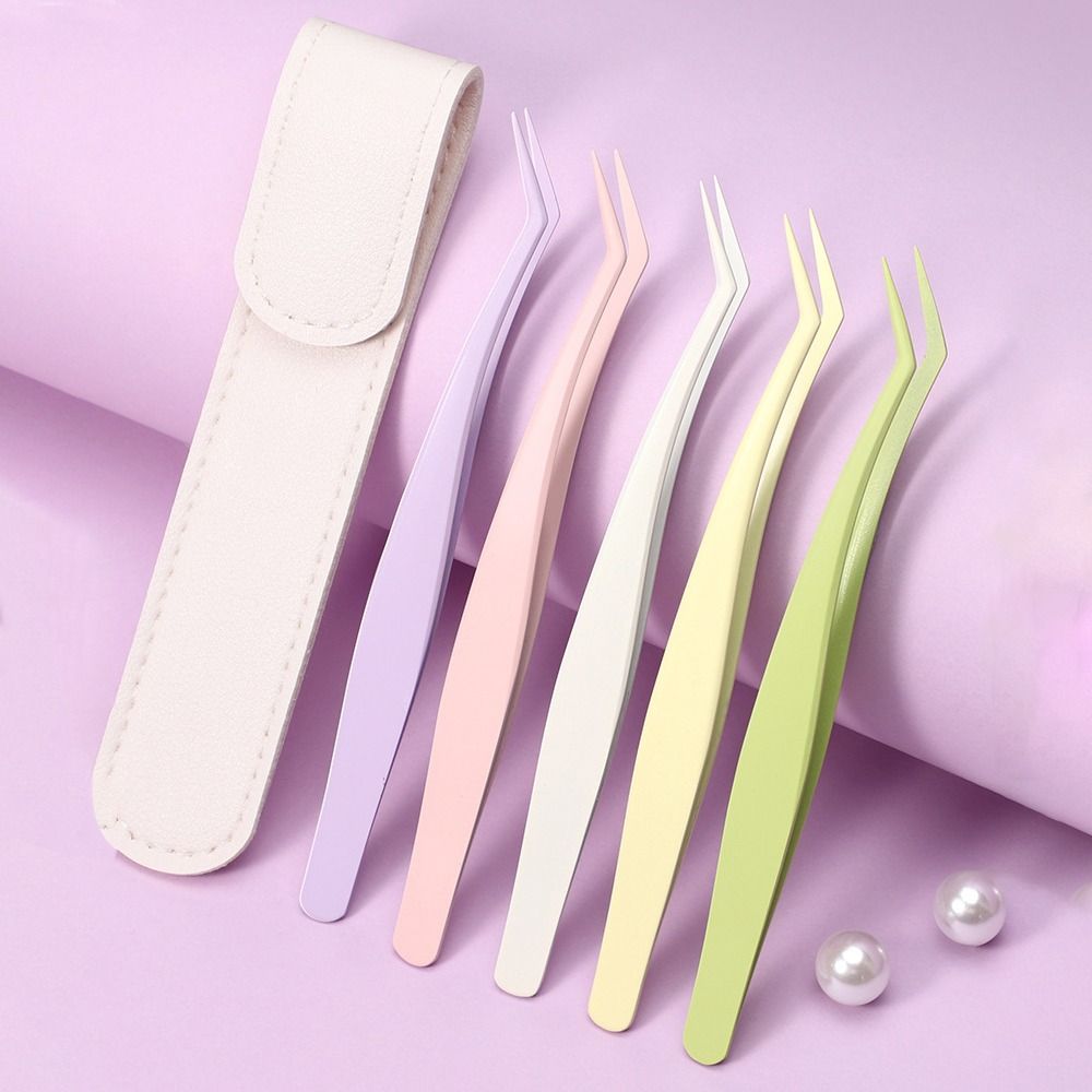 Stainless Steel False Eyelash Tweezers High Precision With Leather Case Lashes Extension Tweezer Anti-static Eyelash Curler