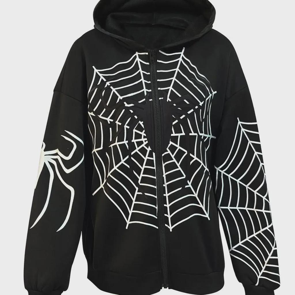 Spider Web Print Y2K Fleece Damen Hoodie - Herbst/Winter Casual Zipper Cardigan