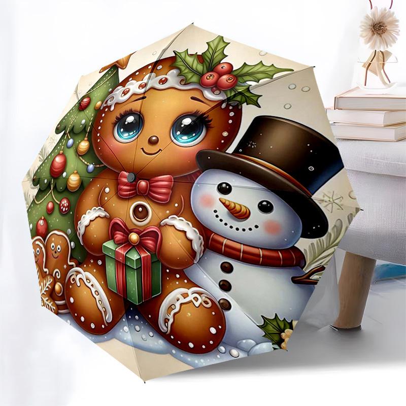 1pc Christmas Gingerbread Man Automatic Folding Umbrella, Portable 3-Fold Design with 8-Bone Iron Frame, Outdoor, Gift for Fans, Travelers, Daily Use.