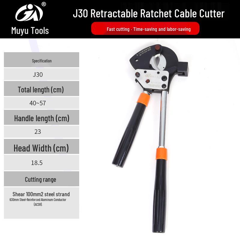 Rubberized Retractable Ratchet Cable Cutter - Gear-Type Wire Scissors